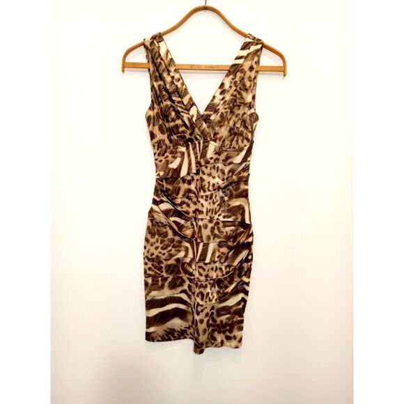 Forever 21 Brown Gold Leopard Print Ruched Bodycon Mini Dress Medium - Picture 1 of 6